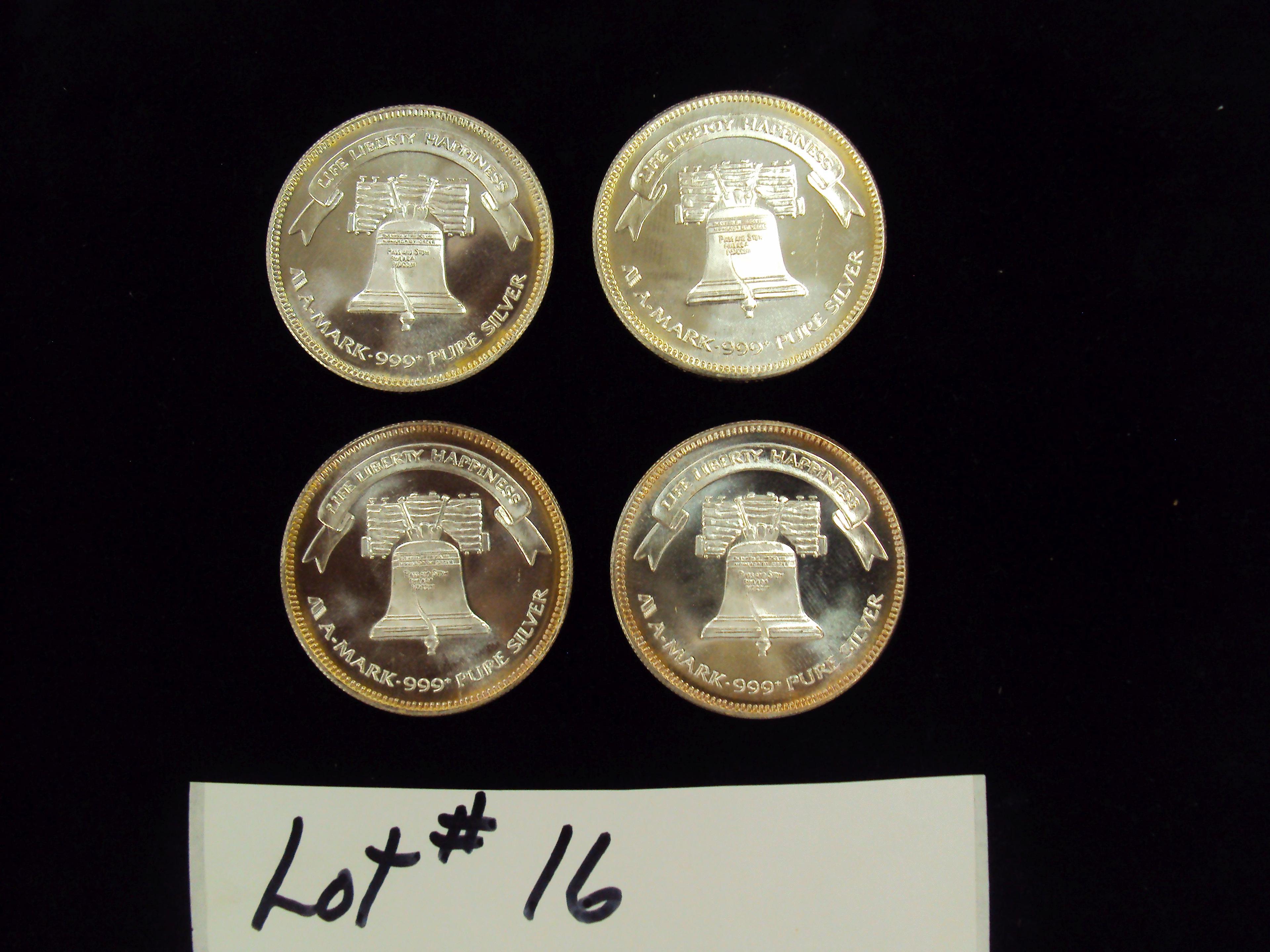 LOT OF 4 - 1985 SILVER COINS - ONE TROY OUNCE SILVER EACH - MULTIPLY YOUR BID BY 4