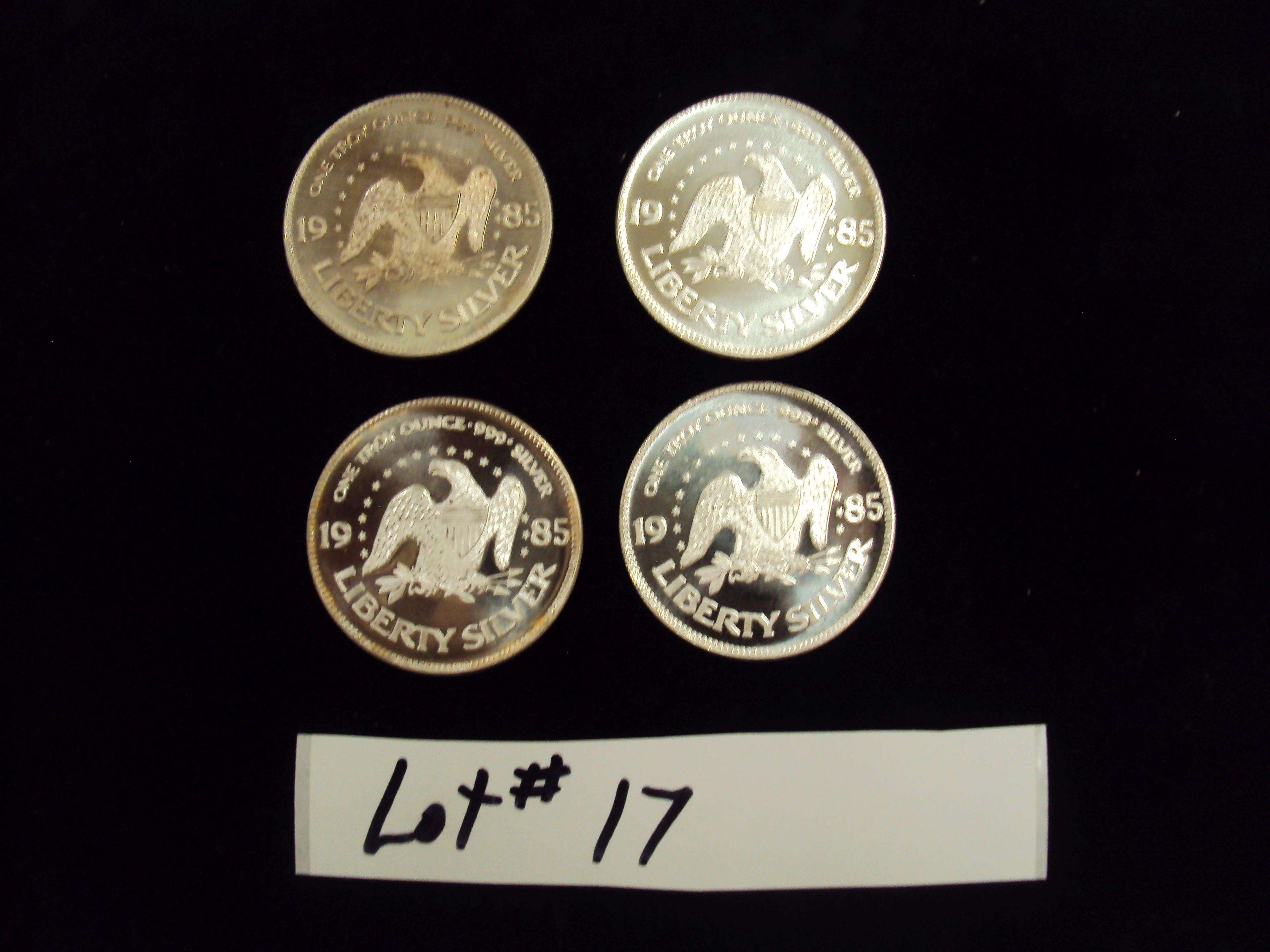 LOT OF 4 - 1985 SILVER COINS - ONE TROY OUNCE SILVER EACH - MULTIPLY YOUR BID BY 4