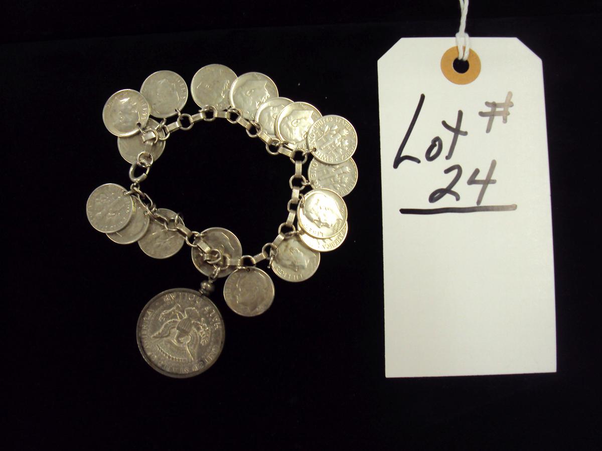 $2.30 FACE VALUE COIN "CHARM" BRACELET, BEZEL ON 1/2 DOLLAR AND BRACELET ARE STERLING