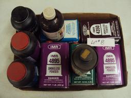 TRAY LOT OF MISC. POWDER FOR RELOADING, MOST FULL