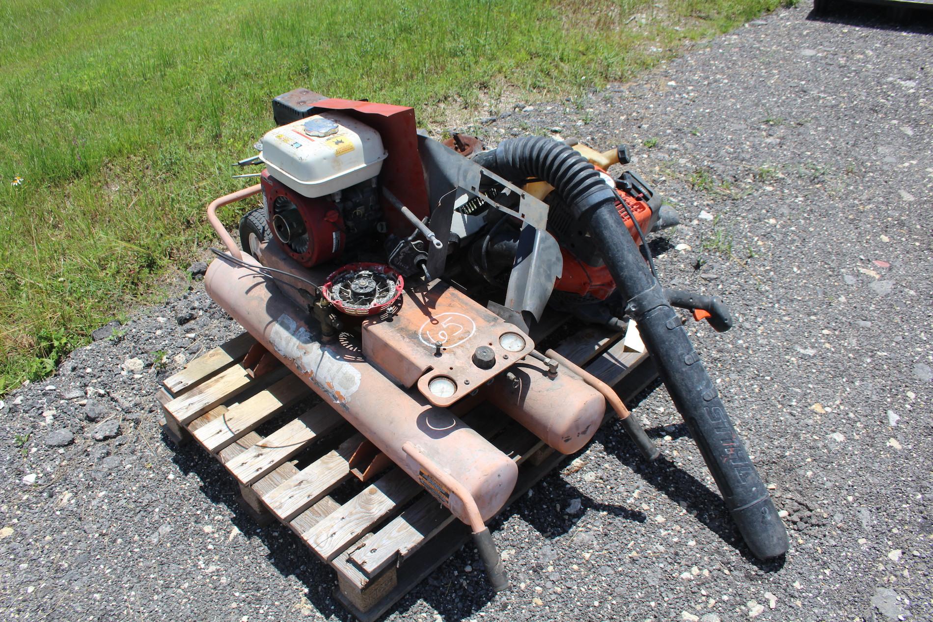 Pallet with 1 Husqvarna and 1 Stihl Backpack Blowers and Portable Air Compressor