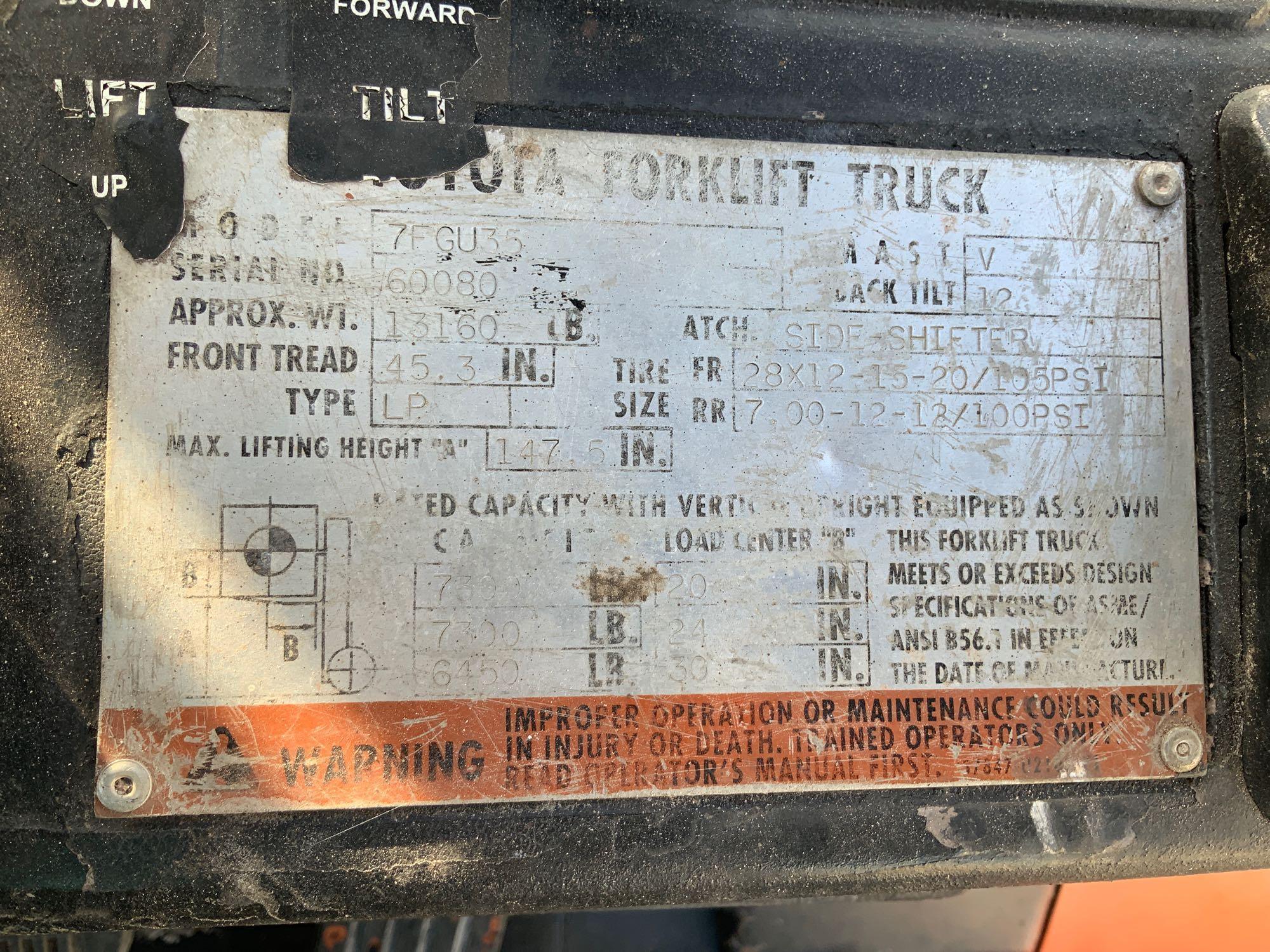 Toyota 7FGU35 7,300lb Solid Tire Forklift