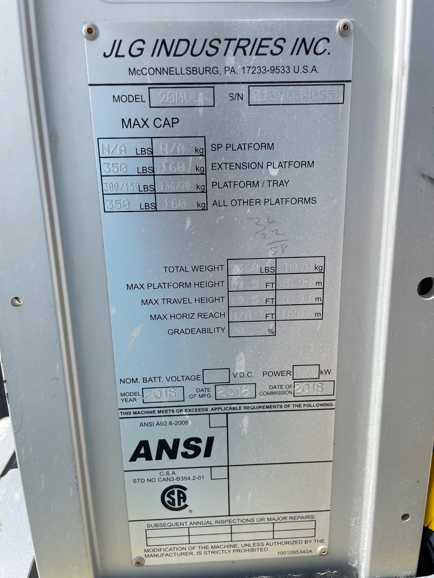 2018 JLG 20MVL Electric 24V Personnel Lift