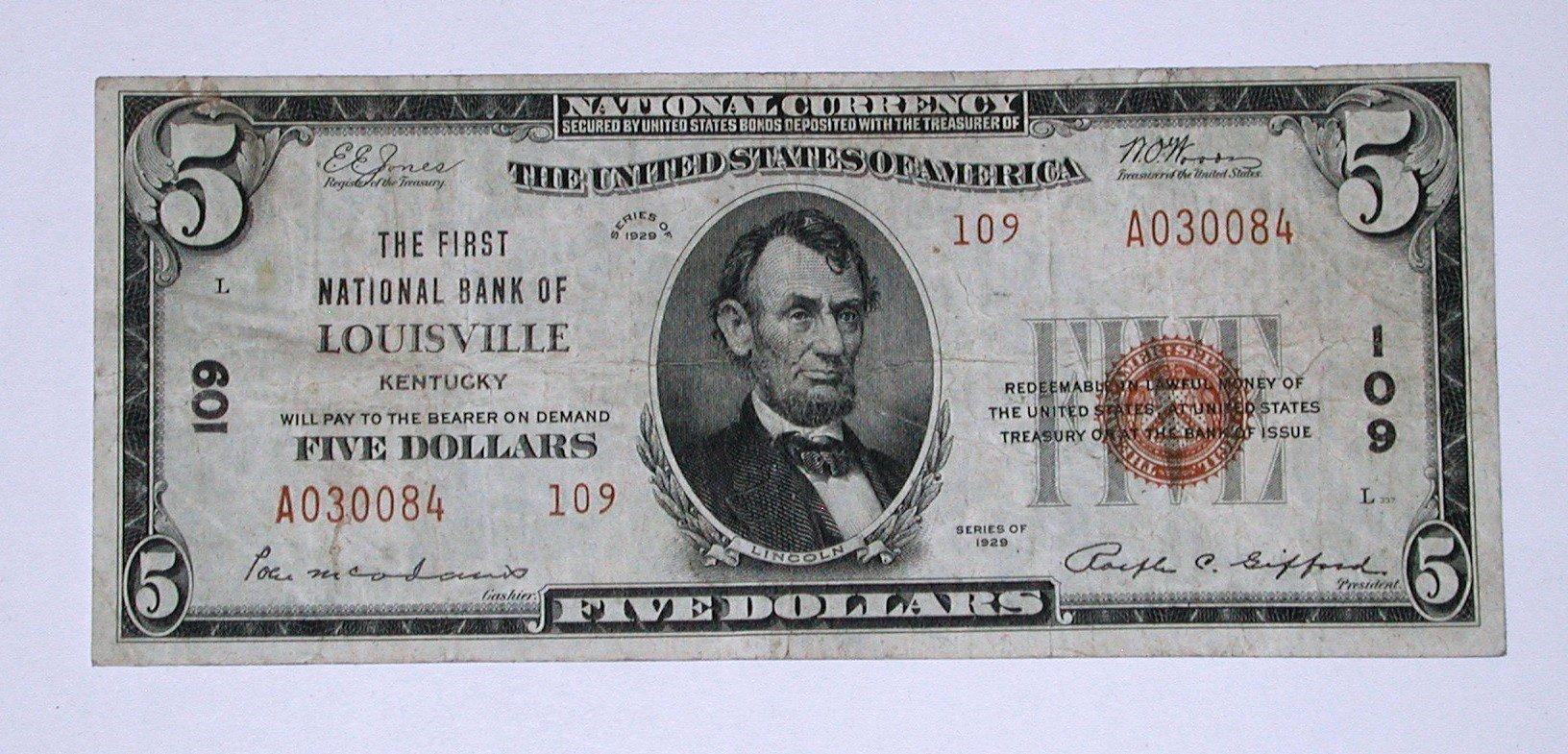 SERIES 1929 $5 NATIONAL CURRENCY - LOUISVILLE, KY