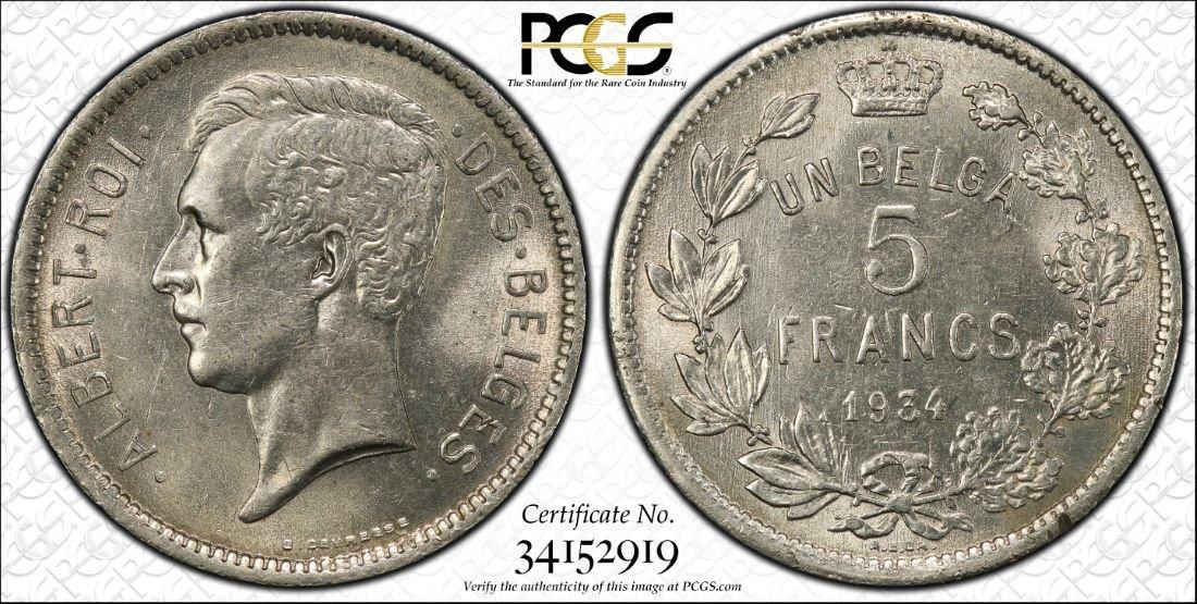 BELGIUM - 1934 FIVE FRANCS - PCGS AU DETAILS