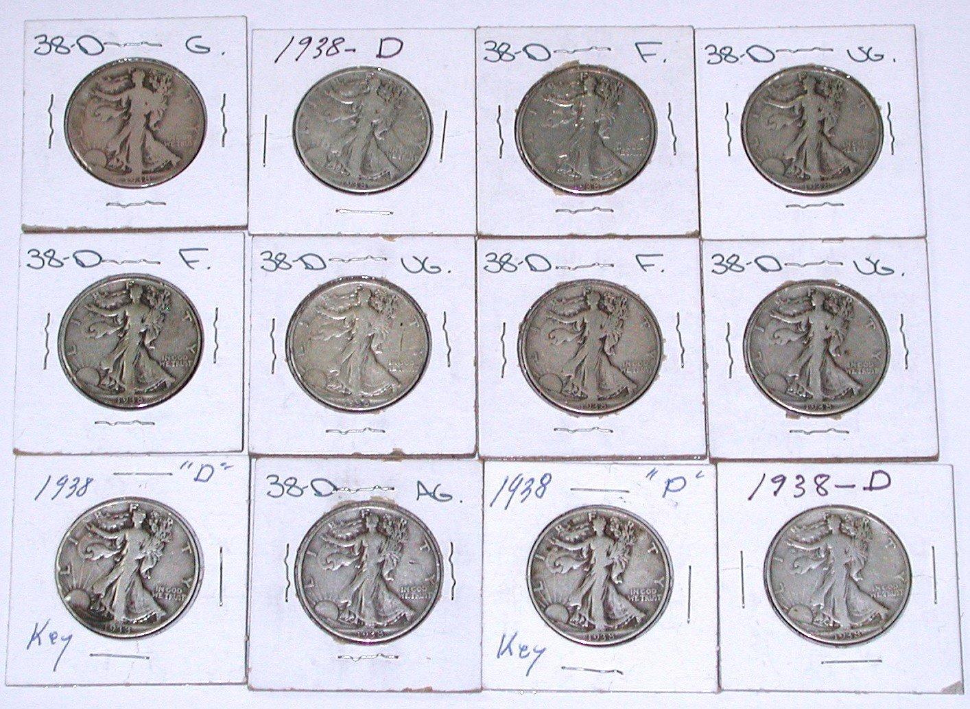 TWELVE (12) 1938-D WALKING LIBERTY HALVES