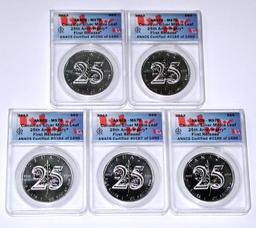 CANADA - FIVE (5) 2013 25th ANNIVERSARY SILVER MAPLE LEAFS - ANACS MS70