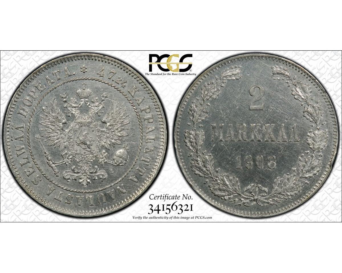 FINLAND - 1908-L TWO MARKAA - PCGS AU DETAILS