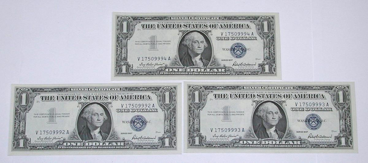 THREE (3) CONSECUTIVE UNC 1957 $1 SILVER CERTIFICATES