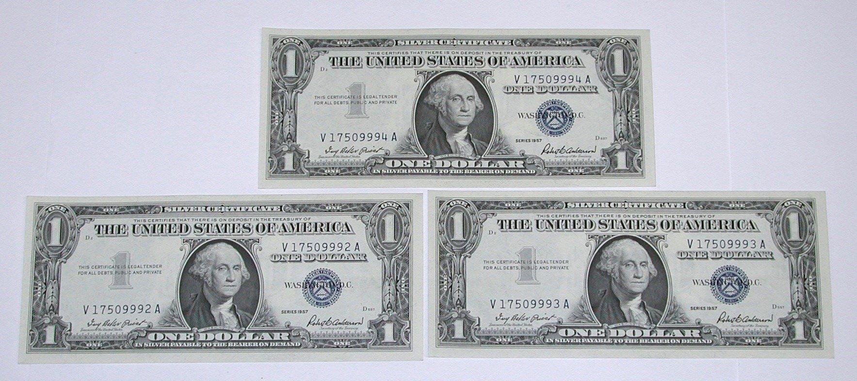 THREE (3) CONSECUTIVE UNC 1957 $1 SILVER CERTIFICATES