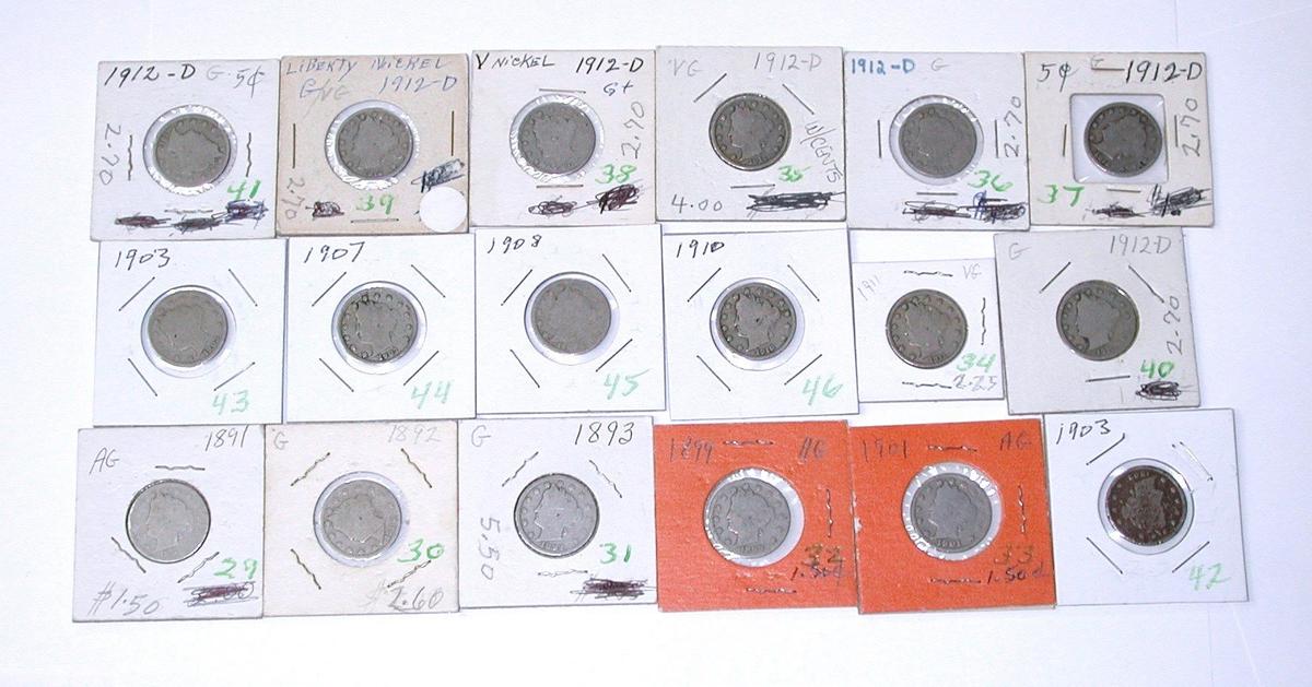 18 LIBERTY NICKELS - 1891 to 1912-D