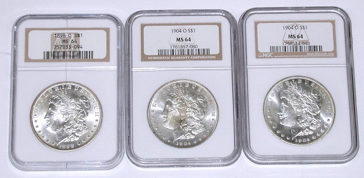 THREE (3) NGC MS64 MORGAN DOLLARS - 1898-O, (2) 1904-O