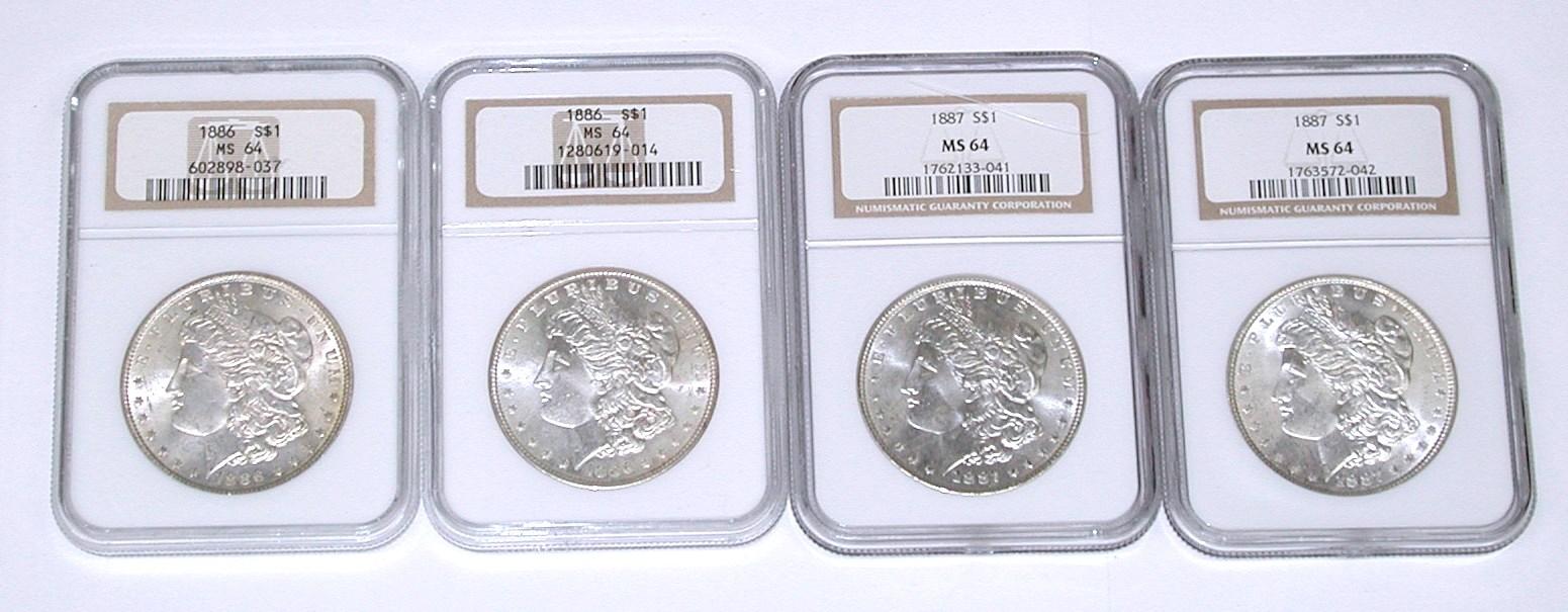 FOUR (4) NGC MS64 MORGAN DOLLARS - (2) 1886, (2) 1887