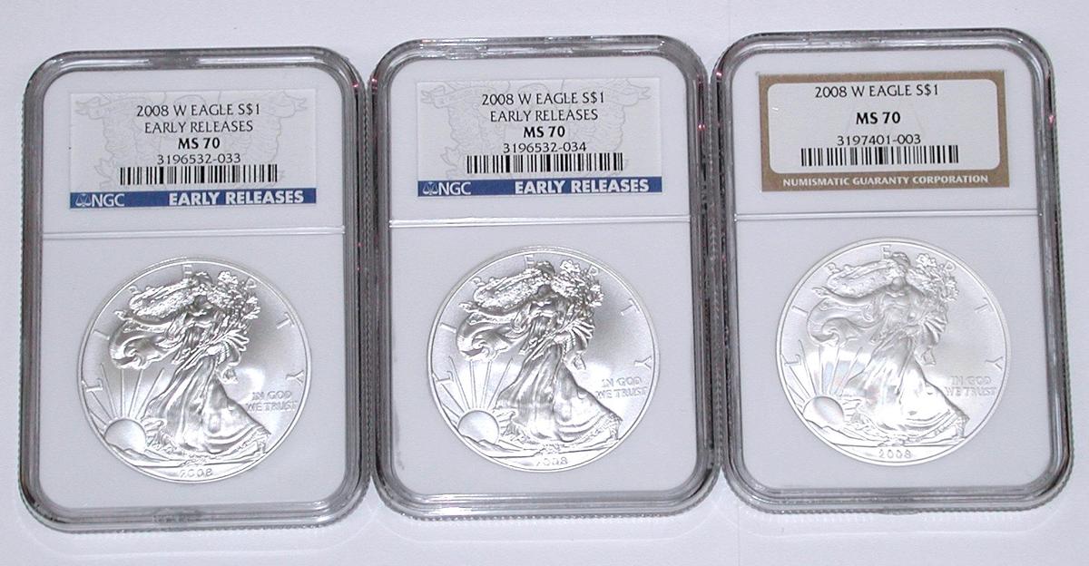 THREE (3) 2008-W SILVER EAGLES - NGC MS70