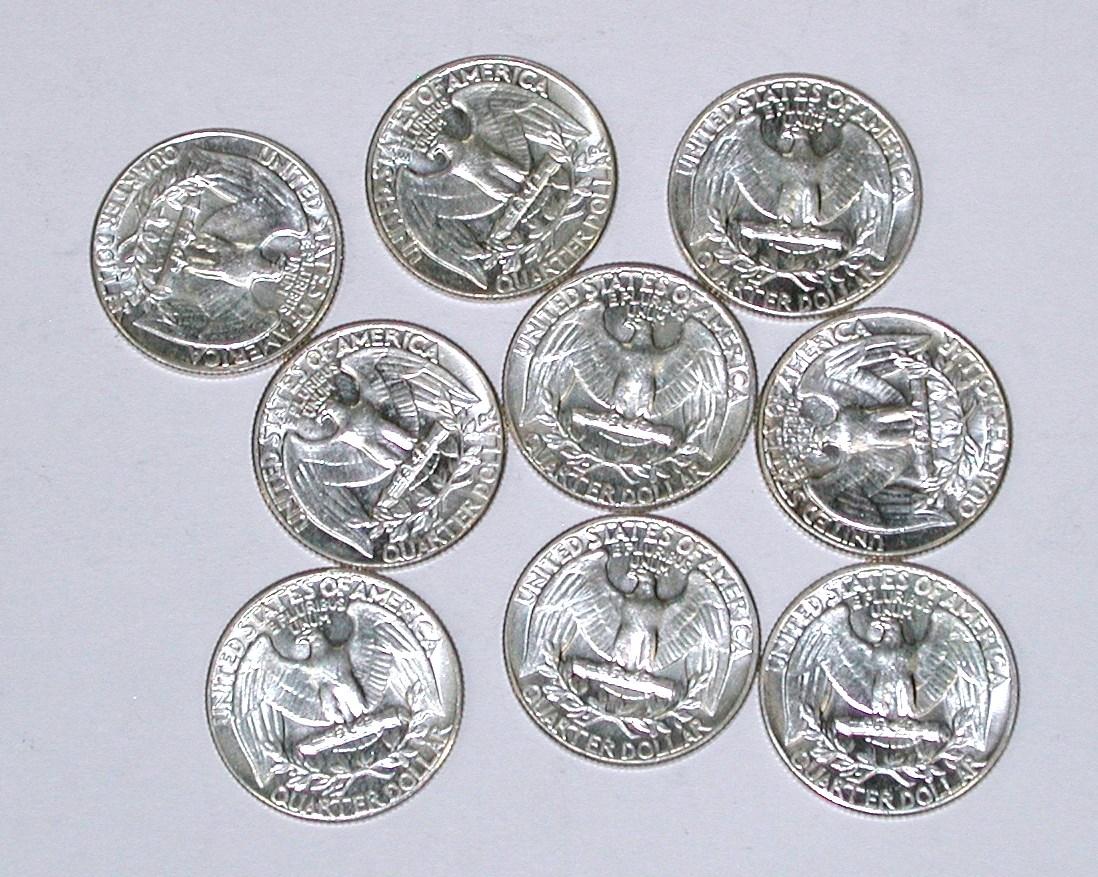 NINE (9) UNCIRCULATED 1961 TYPE "B" REVERSE WASHINGTON QUARTERS