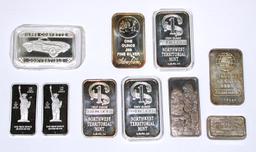 TEN (10) ONE TROY OZ .999 FINE SILVER BARS - VARIOUS MAKERS