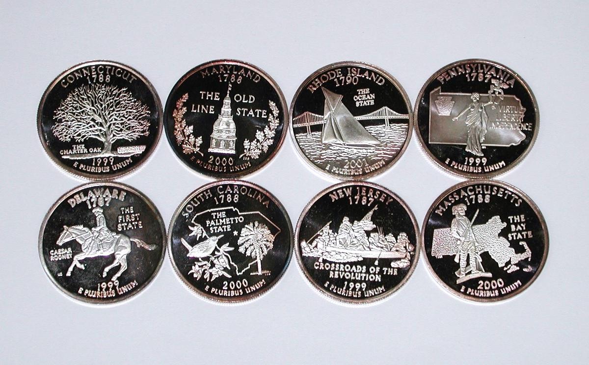 EIGHT (8) PROOF STATE QUARTER REPLICA ONE TROY OZ .999 SILVER ROUNDS