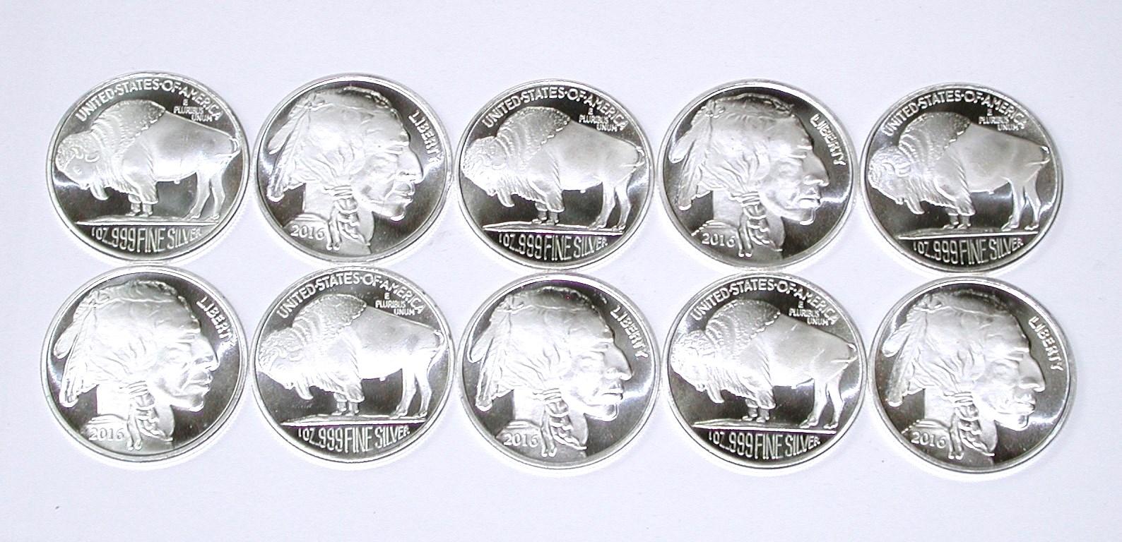 TEN (10) 2016 ONE TROY OZ .999 SILVER ROUNDS - INDIAN / BUFFALO