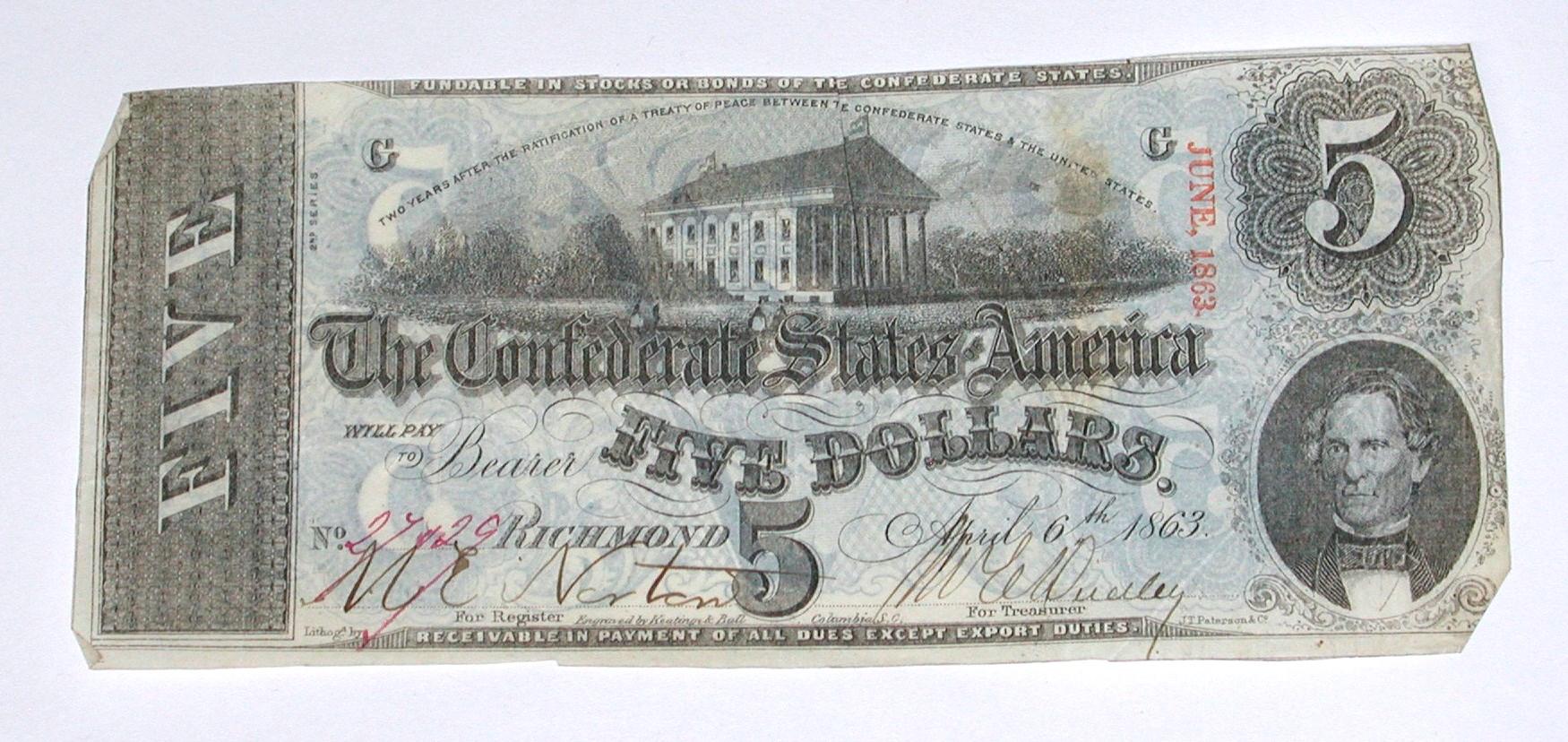 CONFEDERATE NOTE - APRIL 6, 1863 - $5