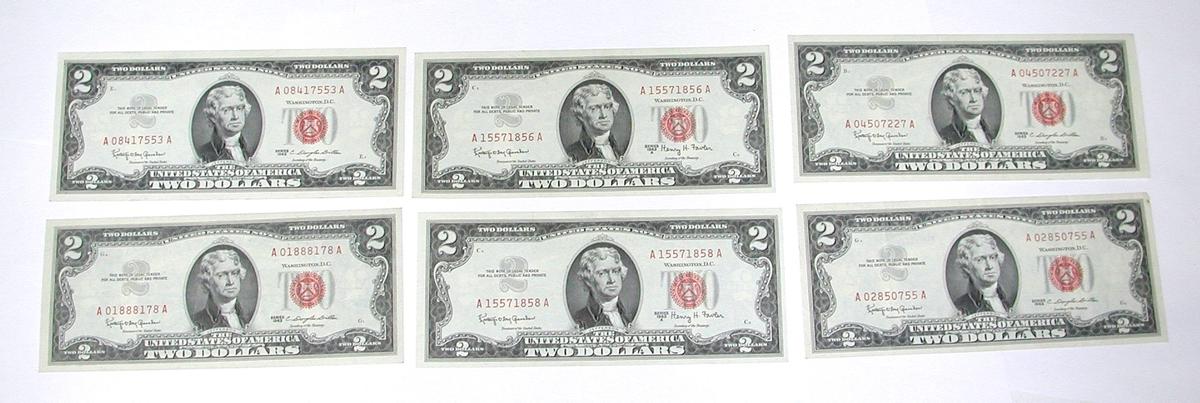 SIX (6) 1963 RED SEAL $2 NOTES