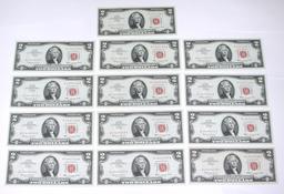 13 UNCIRCULATED 1963 RED SEAL $2 NOTES