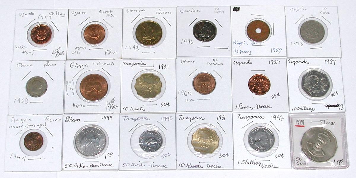 ANGOLA, GHANA, NAMIBIA, NIGERIA, TANZANIA, TONGA, UGANDA - 18 COINS