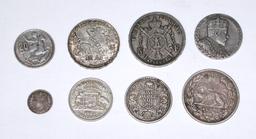 EIGHT (8) SILVER WORLD COINS