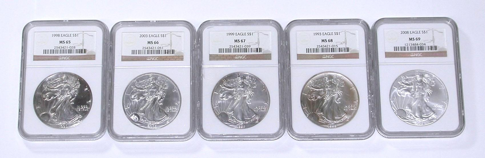 FIVE (5) SILVER EAGLES in NGC HOLDERS - MS65, MS66, MS67, MS68, MS69