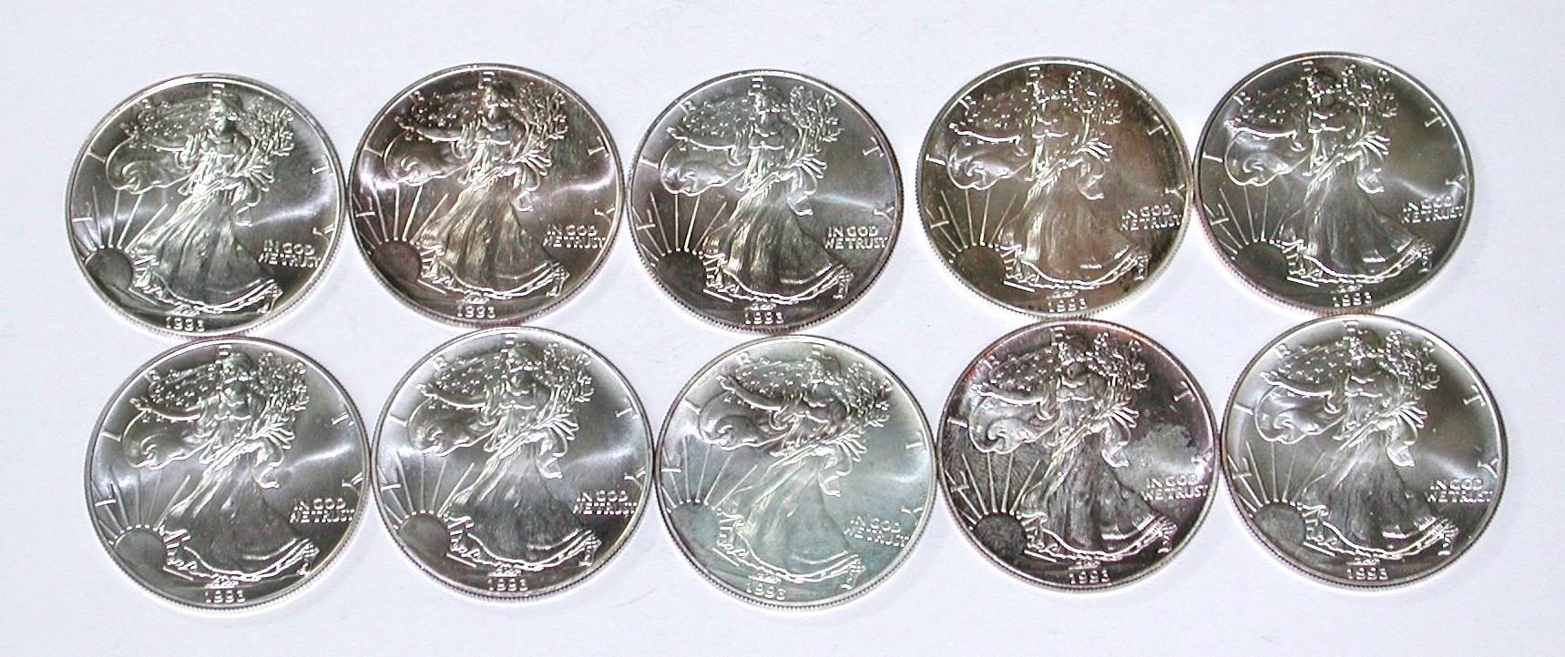 TEN - 1993 UNCIRCULATED SILVER EAGLES