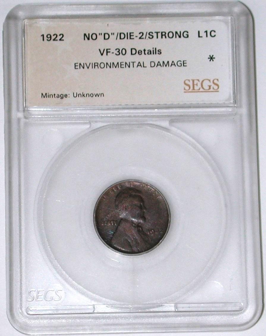 1922 NO D LINCOLN CENT - SEGS HOLDER