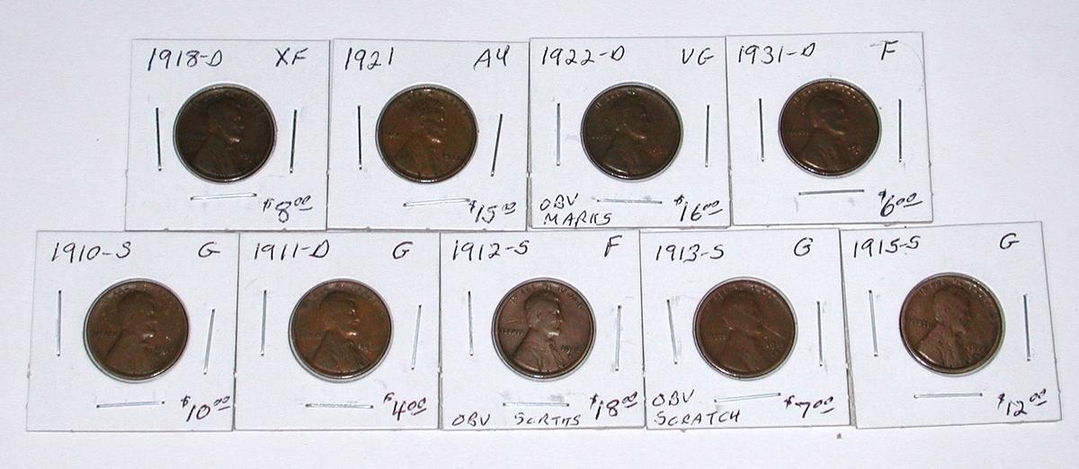 NINE (9) BETTER DATE EARLY LINCOLN CENTS - 1910-S to 1931-D