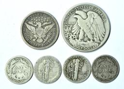 SIX (6) OBSOLETE SILVER COINS - BARBER, MERCURY, WALKING LIBERTY