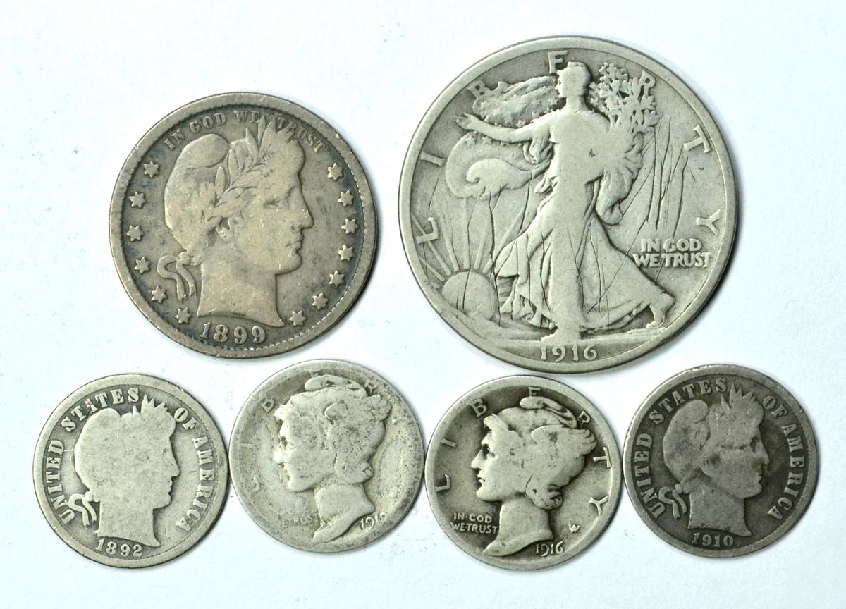 SIX (6) OBSOLETE SILVER COINS - BARBER, MERCURY, WALKING LIBERTY