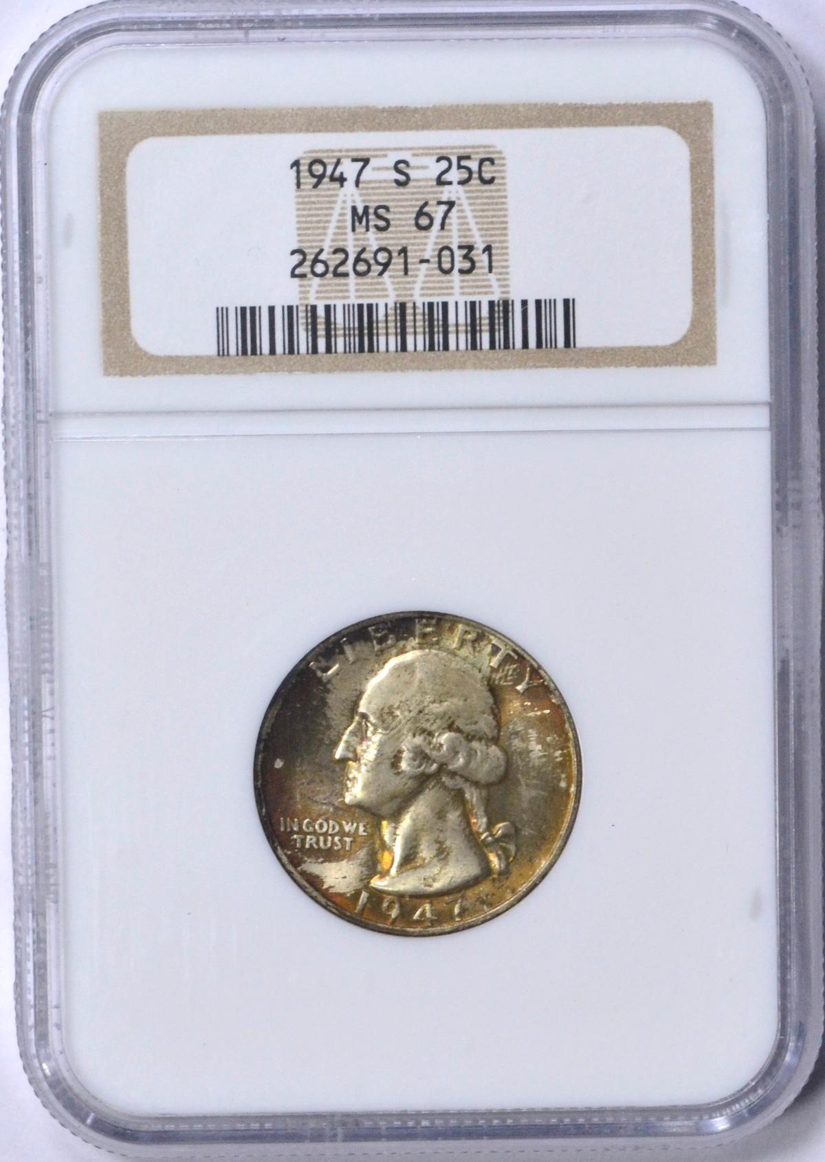 1947-S WASHINGTON QUARTER - NGC MS67 - TONED