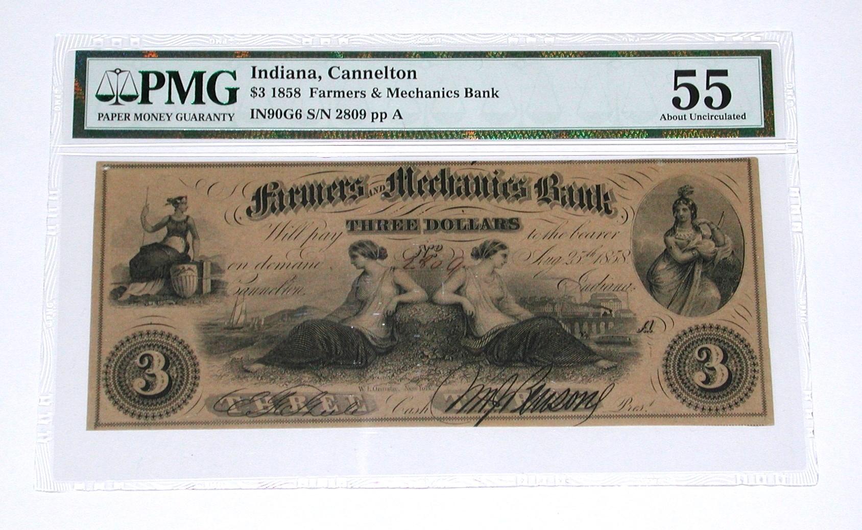 1858 $3 NOTE - FARMERS & MECHANICS BANK, CANNELTON, INDIANA - PMG AU55