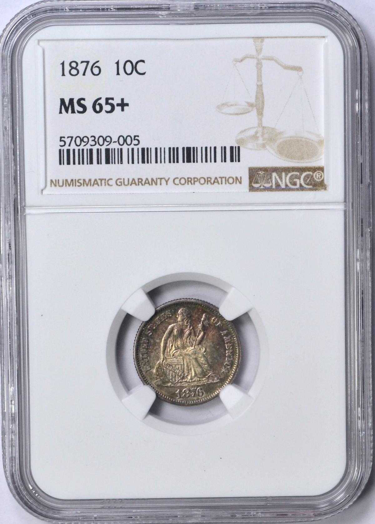 1876 SEATED LIBERTY DIME - NGC MS65+