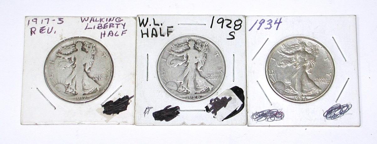 THREE (3) BETTER WALKING LIBERTY HALVES - 1917-S REV, 1928-S, 1934