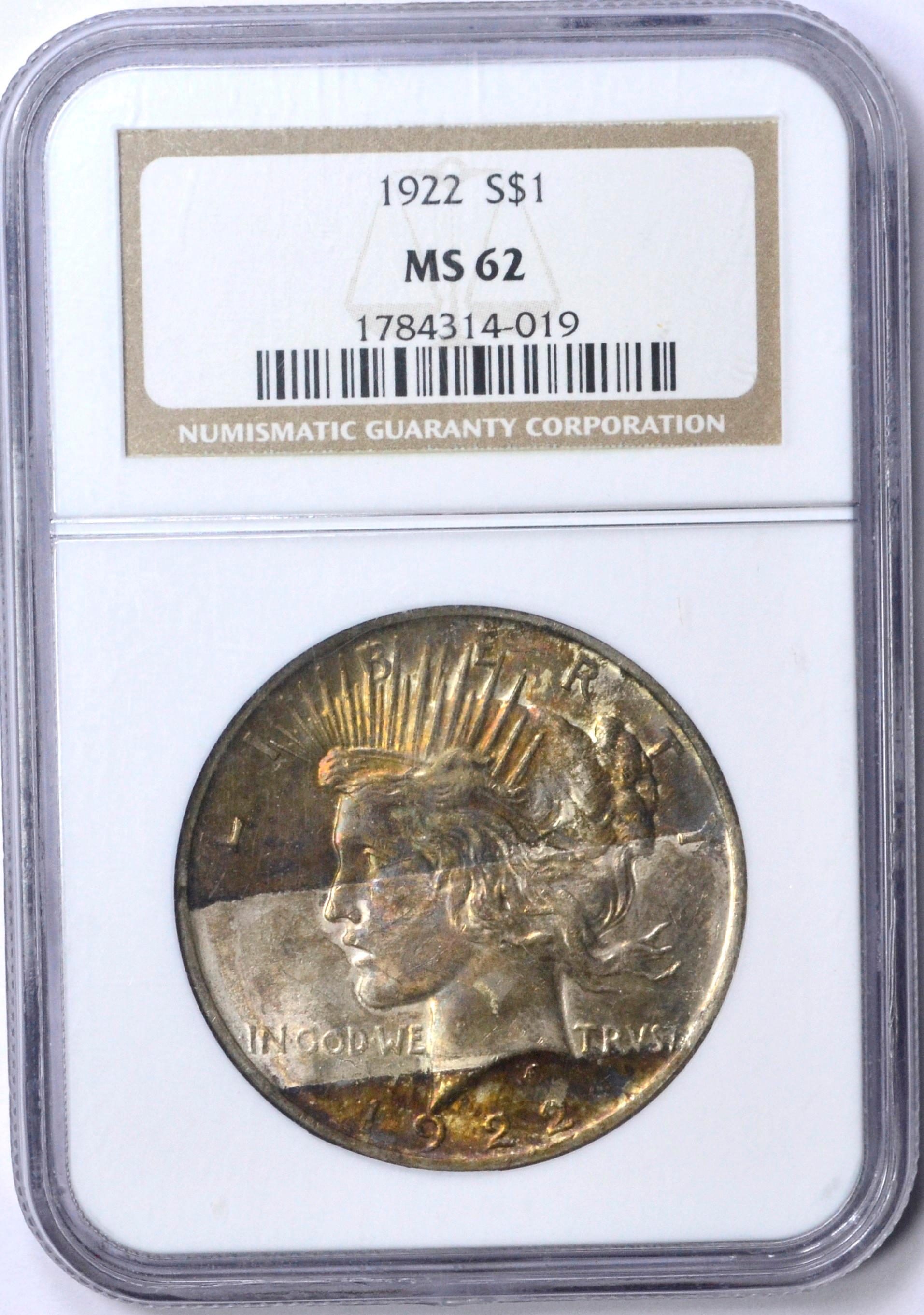 1922 PEACE DOLLAR - NGC MS62 - WILD TONING