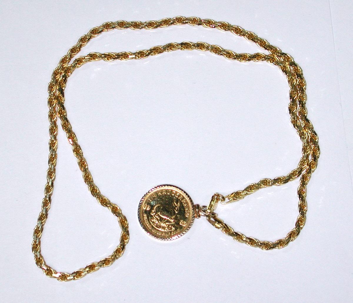 1982 1/4 OZ GOLD KRUGERRAND on 23" HEAVY GOLD PLATED STERLING SILVER CHAIN