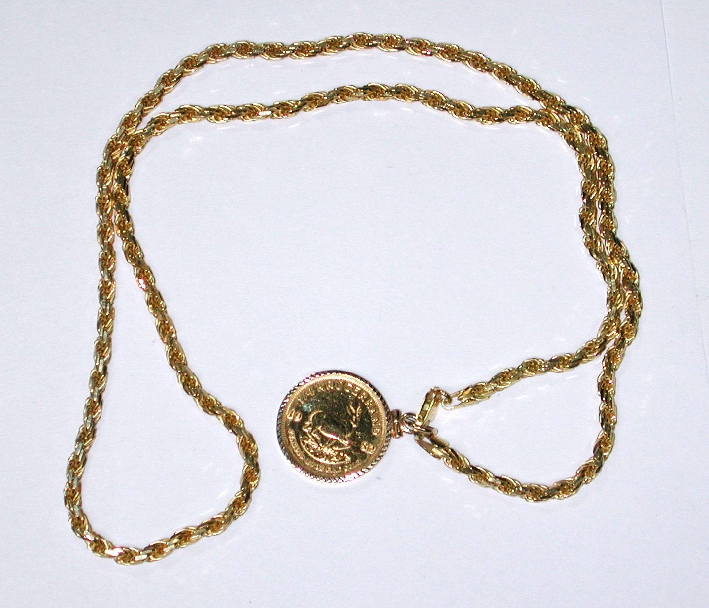 1982 1/4 OZ GOLD KRUGERRAND on 23" HEAVY GOLD PLATED STERLING SILVER CHAIN