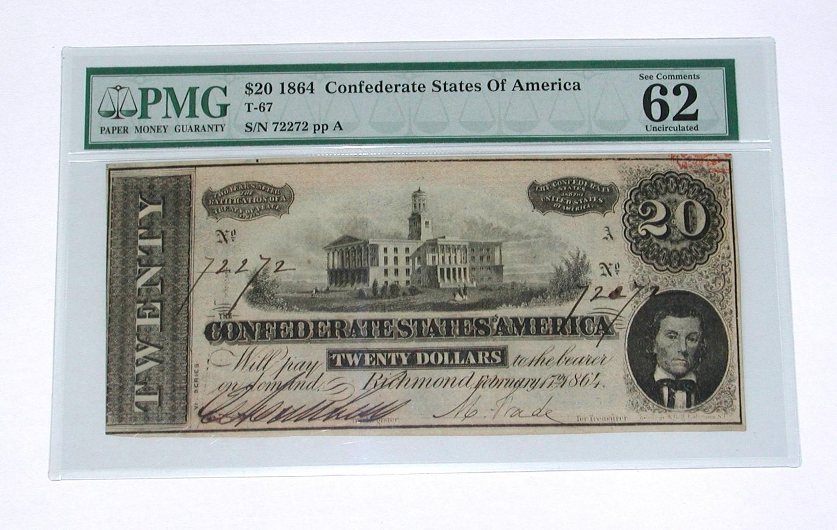 1864 CONFEDERATE $20 NOTE - T-67 - PMG 62 EXCEPTIONAL PAPER QUALITY