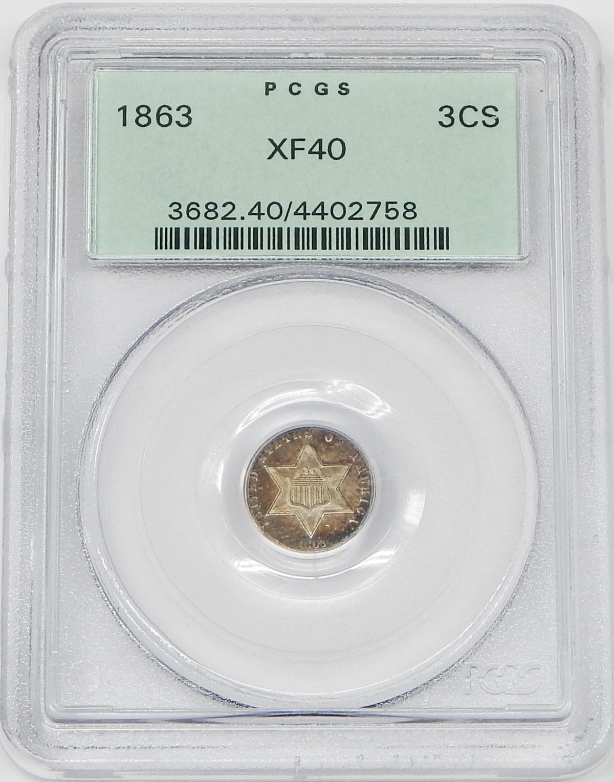 1863 SILVER THREE CENT PIECE - PCGS XF40 - OLD GREEN HOLDER