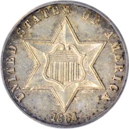 1864 SILVER THREE CENT PIECE - PCGS AU55 - OLD GREEN HOLDER