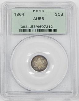 1864 SILVER THREE CENT PIECE - PCGS AU55 - OLD GREEN HOLDER