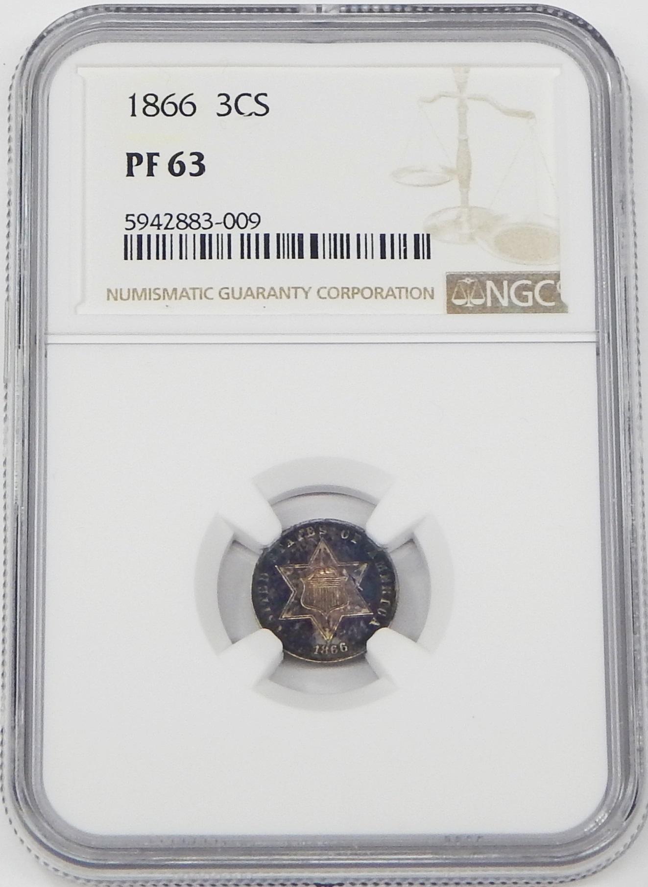 1866 PROOF SILVER THREE CENT PIECE - NGC PF63