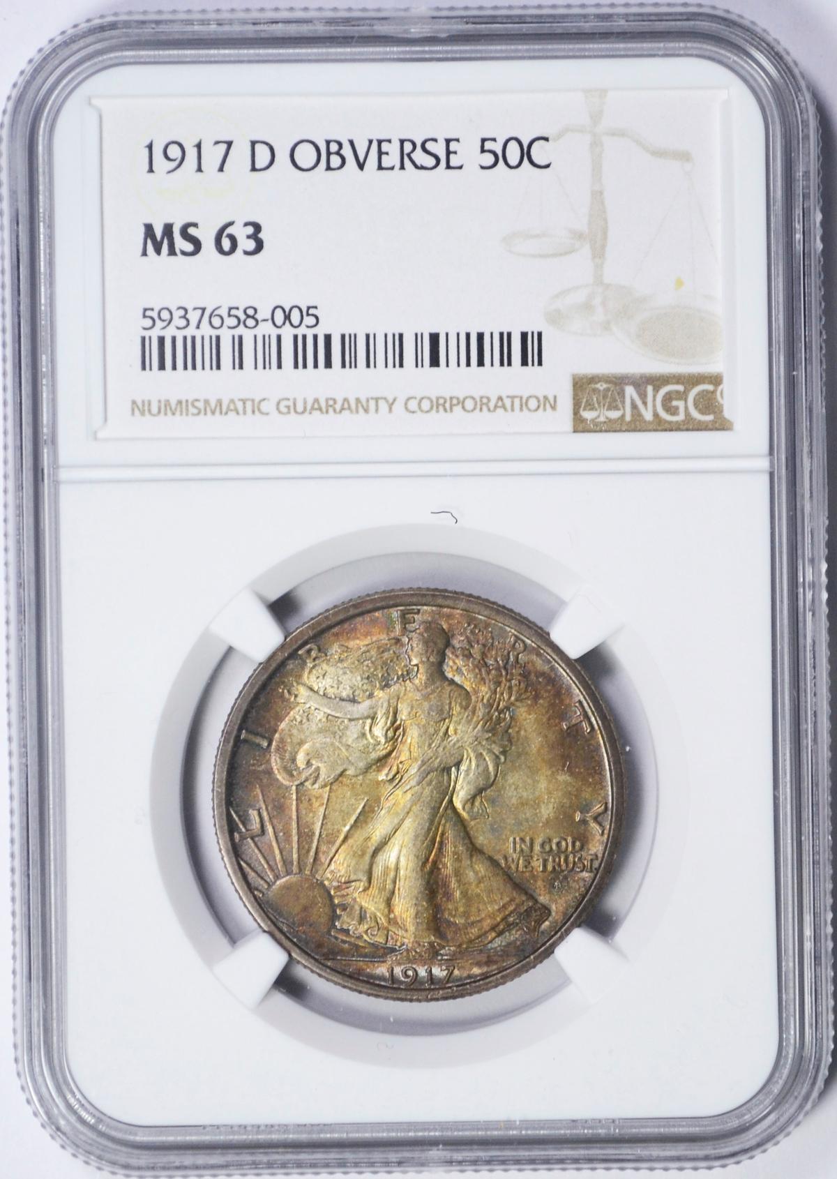 1917-D OBVERSE WALKING LIBERTY HALF - NGC MS63 - TONED