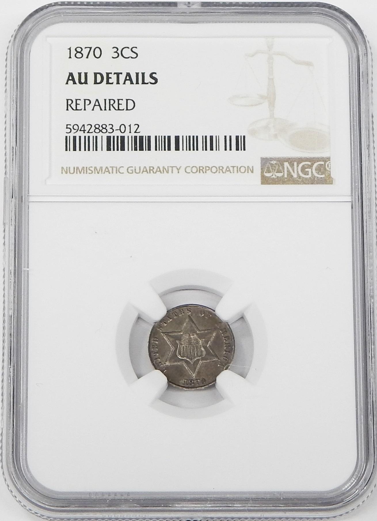 1870 SILVER THREE CENT PIECE - NGC AU DETAILS REPAIRED