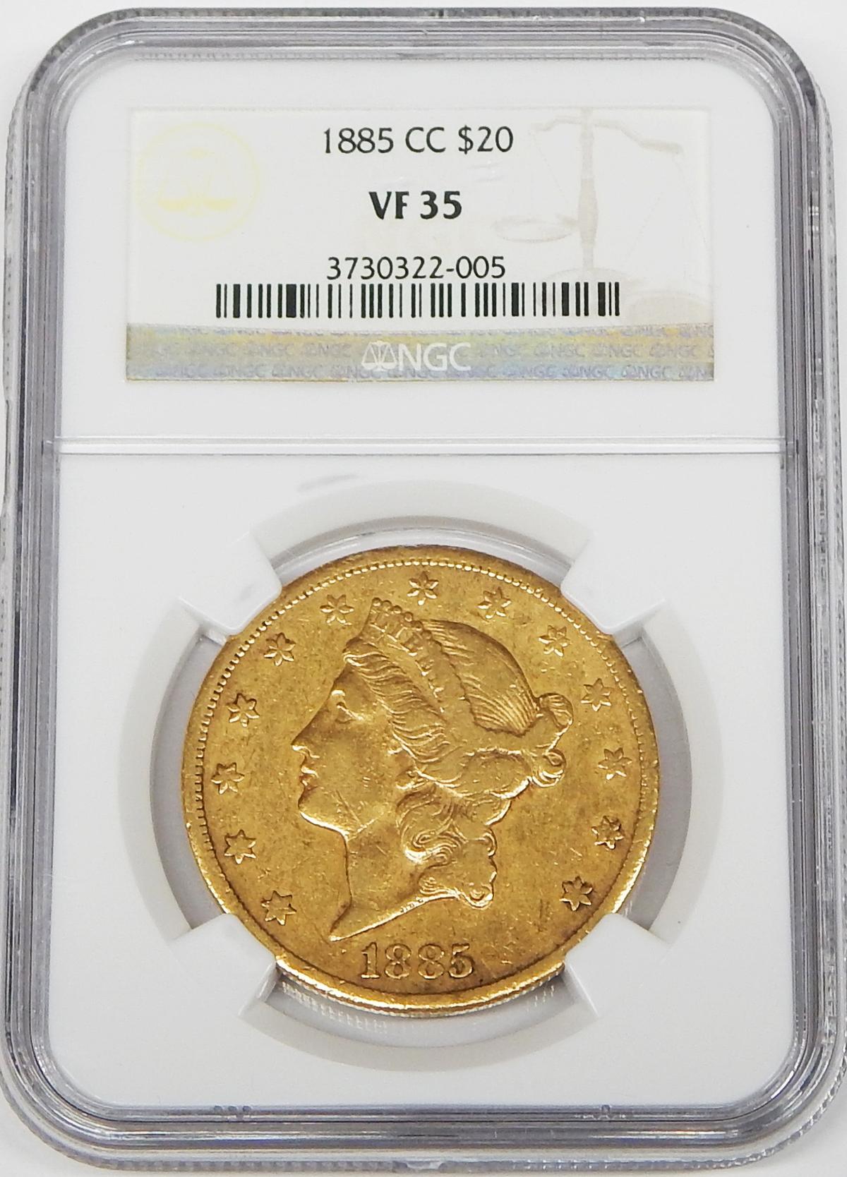 1885-CC LIBERTY $20 GOLD PIECE - NGC VF35