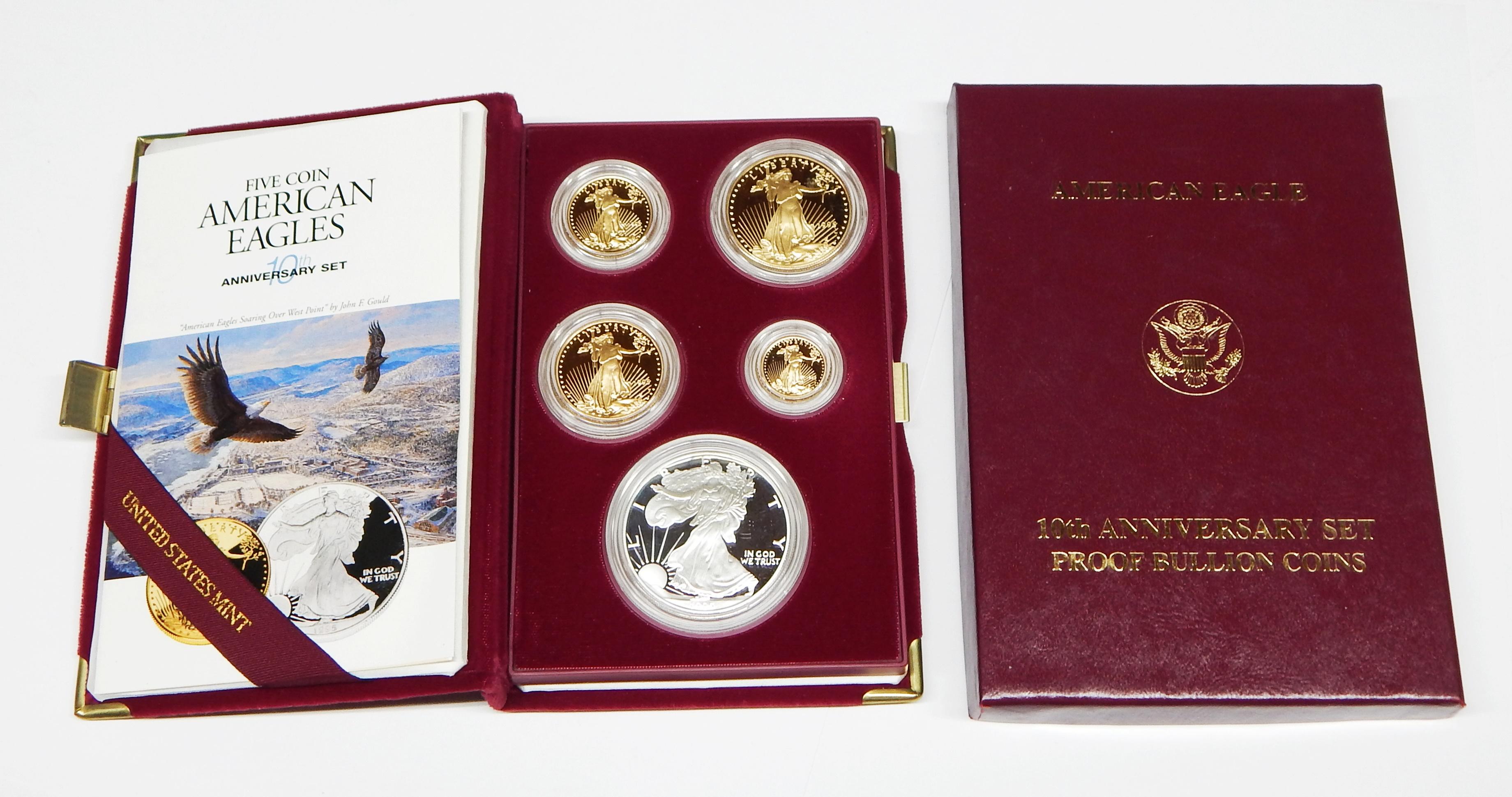1995 10th ANNIVERSARY FIVE-COIN SILVER & GOLD AMERICAN EAGLE PROOF SET