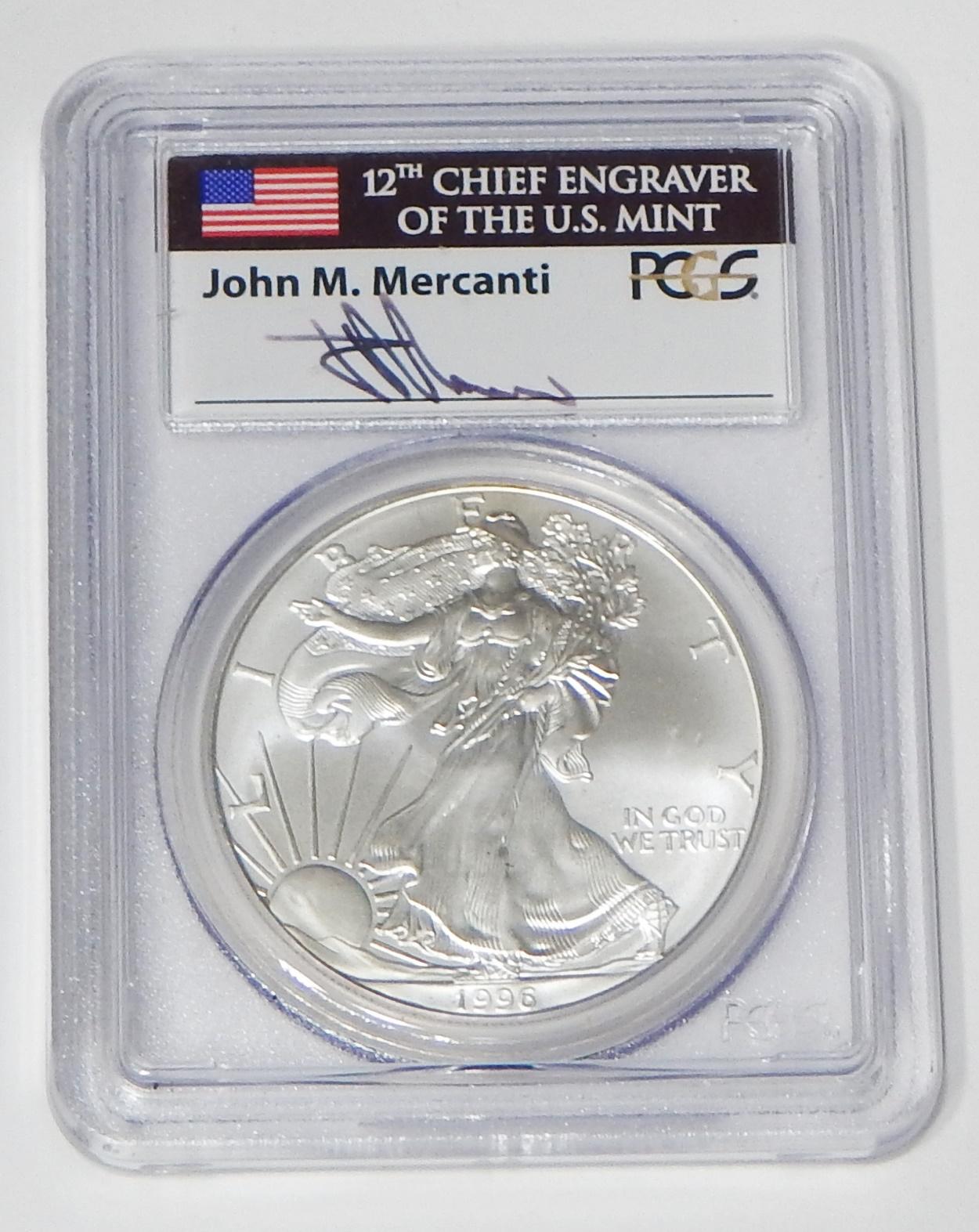 1996 SILVER EAGLE - PCGS MS69 - SIGNED by JOHN MERCANTI, CHIEF ENGRAVER